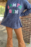 XCH15610 "SANTA SZN"letters patch&navy leopard printed long sleeve women tops