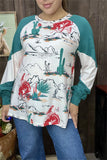 XCH15183 Riding horse&Cactus western graphic multi color printed raglan long sleeve women tops