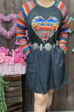 DLH12143 Black & Serape leopard heart printed raglan long sleeve women dress w/side pockets