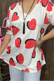 GJQ12512 Red/black heart printed short sleeve w/tighten trim white women top w/v-neckline