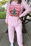 DLH15631 "CHRISTMAS"red words&tree printed long sleeve tops&pant women pink pajamas sets