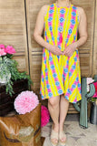 BQ10655 Yellow/pink Aztec multi color printed sleeveless dress w/pockets