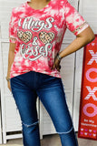 DLH12875 Hugs & Kissed Leopard hearts printed fuchsia tie-dye women top w/ short sleeve