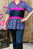 XCH15696 Black/Fuchsia leopard printed short sleeve women tops