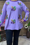 XCH15210 Green/purple/gold sequin floral printed long sleeve women blouse/tops