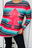 XCH14175 Colorful striped w/red center tree printed long tighten sleeve women tops HS3