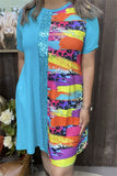 GJQ15176 Blue & Sequin & Prints color block short sleeve women dress w/side pockets (BS13 )