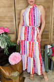 GJQ13495 Multi color striped printed sleeveless maxi dress w/side pockets&waist straps