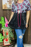 XCH15731 Black/fuchsia leopard printed&black sequin baby doll women tops w/double cuff short sleeve