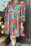 XCH15484 Multi color floral printed long sleeve w/elastic cuff loose women dress