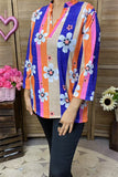 BQ15682 Navy/pink/orange stripe&sunflower multi color printed 3/4 sleeve women top w/V-neckline