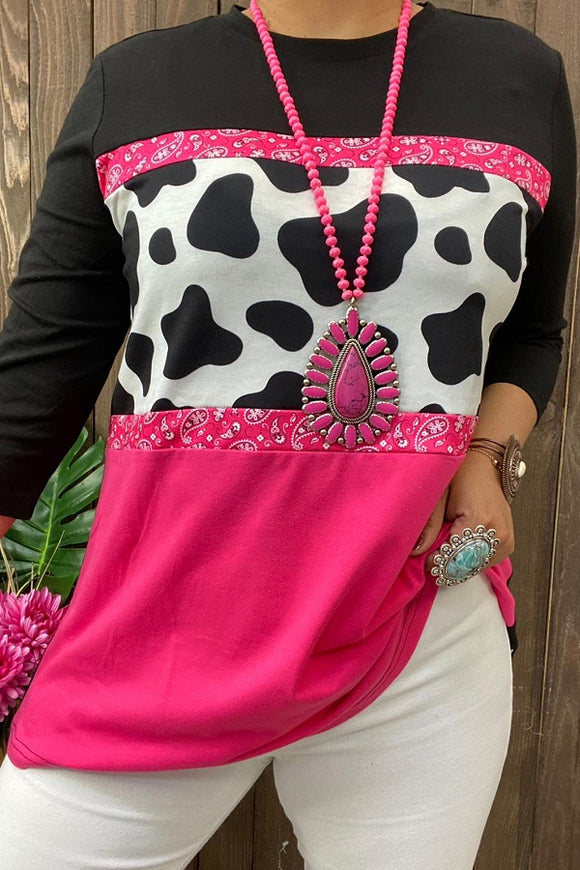 XCH14730 Leopard &Paisley block fuchsia and black printed 3/4 sleeves women tops