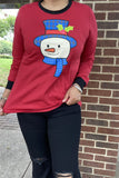 DLH9749 Snowman multi color printed long sleeve women red t-shirt w/black neckline&cuff (IS8)