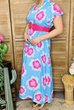 XCH15912 Fuchsia multi color floral printed short sleeve w/double trim long women blue dress w/side pockets