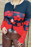 BQ15286 Floral printed block red/black color w/buckle lace long sleeve women tops