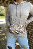 DLH15630 Gray women hoodie w/string &leopard printed front pocket long sleeve tops