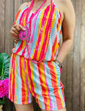 Striped multi-color printed sleeveless w/pocket women romper YMY13364
