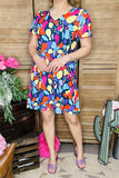XCH15945 Multi color graphic&leopard printed short sleeve women dress w/side pockets