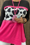 XCH14730 Leopard &Paisley block fuchsia and black printed 3/4 sleeves women tops