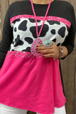 XCH14730 Leopard &Paisley block fuchsia and black printed 3/4 sleeves women tops(CS3