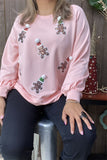 XCH15220 Santa Claus sequin patch in the baby pink bottom side split long sleeve women blouse