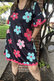 BQ15649 Mint/fuchsia/pink sunflower printed short sleeve w/hem webbing w/side pockets black women dresses