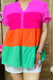 GJQ15876 Pink/orange/fuchsia/green color baby doll women top w/short sleeve &elastic band and buttons