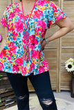 GJQ15837 Fuchsia&teal multi color printed short bell sleeve women tops w/V-neckline