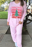 DLH15631 "CHRISTMAS"red words&tree printed long sleeve tops&pant women pink pajamas sets