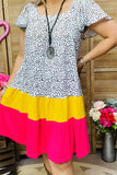 GJQ15845 Black dots printed short sleeve w/ruffle fuchsia&yellow solid color bottom women dress