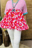 XCH14773 Fuchsia Leopard printed pink color block short sleeve baby doll women blouse/top (DS6)