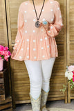 BQ13774 White dot coral color tighten cuff long sleeve  baby doll women blouse