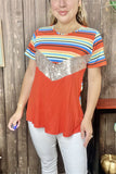 FW9812 Block orange/multi color striped short sleeve top w/sequin for women( CS6 )