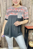 YMY12060 Block black w/feather & leopard front pocket printed short sleeve women top (ES7)