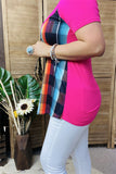FW10361 Checked multi color printed solid fuchsia w/side red sequin women top( CS6)
