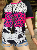 XCH14275 Star&Leopard block black fuchsia cow multi color printed short sleeves women tops (FS9)