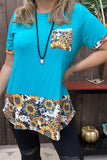 BQ12209 Turquoise & sunflower/animal printed with front pocket short sleeve blouse(CS4 )