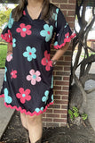 BQ15649 Mint/fuchsia/pink sunflower printed short sleeve w/hem webbing w/side pockets black women dresses