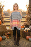 YMY9950 Grey & orange striped irregular bottom women blouse CS8