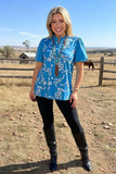 Blue bows printed puff short sleeve women shirts w/v-neckline XCH16669
