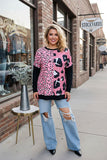 Plus size western Half pink leopard printed black long sleeve women top XCH14273 (IS21)