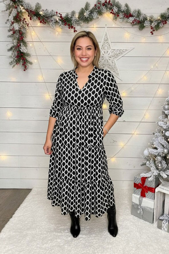 Plus size geometric printed half sleeves maxi women dress with pockets GJQ16747