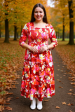 Orange floral printed 3/4 sleeves elastic chest maxi women dress GJQ16281 (AS4)
