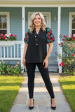 Turquoise & red flower embroidery short sleeve black women top XCH16734 gs12