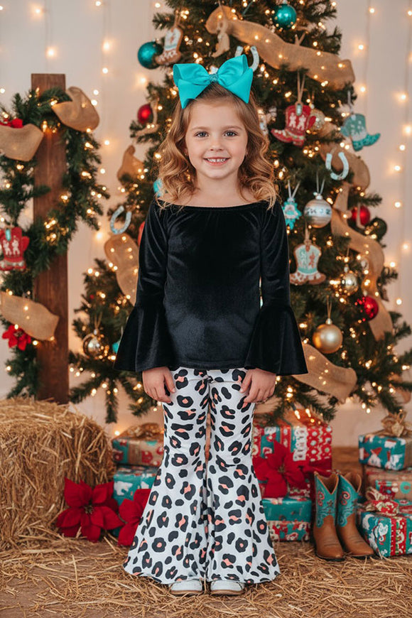 Black velvet long sleeve top & leopard bell bottom girls sets DLH2731 (A5S10)