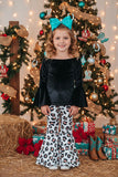 Black velvet long sleeve top & leopard bell bottom girls sets DLH2731 (A5S10)