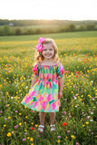 Girls dress wholesale suppliers Green & fuchsia prints & puff short sleeves XCH03020 (A2S1)