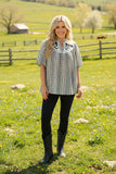 Western horse embroidery gallop gingham puff short sleeve black women blouse XCH16761