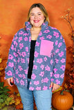 Plus size pink flower grey sherpa full-zip women jacket w/pocket DLH14445