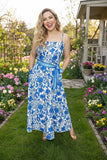 Blue floral printed & belt & adjustable strap maxi women dress with/belt BQ15897 ABS1